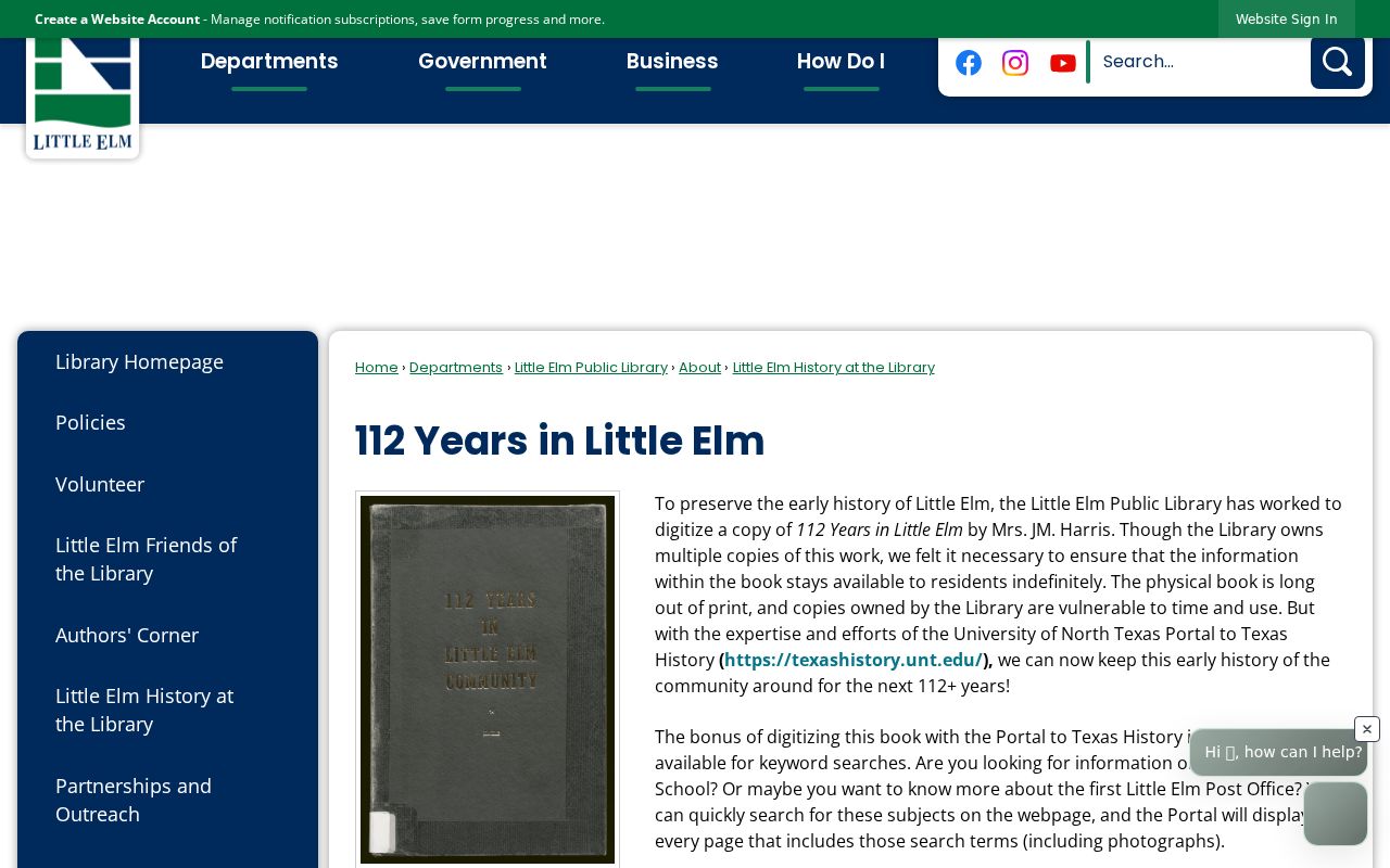 Little Elm historical directory library history page showing the 1957 community history and digitized collection route