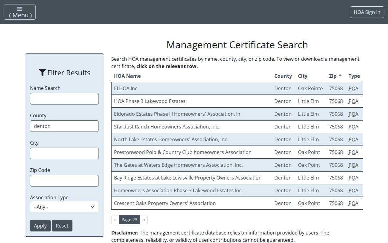 Little Elm neighbors Texas HOA management certificate search filters